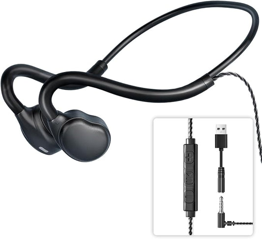 3.5mm Open Ear Headphones Wired headphones with Mic, 3.5mm+USB Connection, Air Conduction Wired Headset with Premium Sound Ultra-Light USB Headset Perfect for Phones Tablets PC Speakers -Black