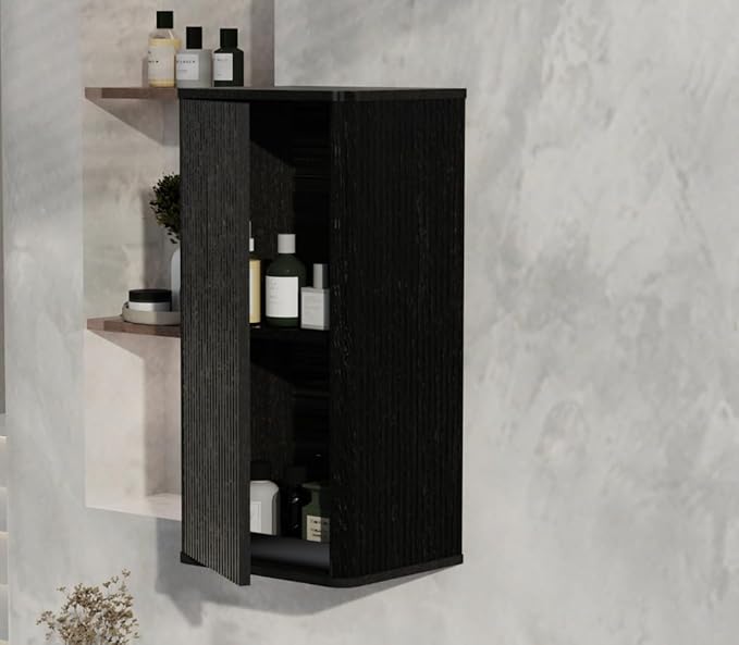 Striped Walnut Floating Bathroom Side Cabinet Wall-Mounted Storage for Small Spaces Pre-Assembled with Safe Curvy Design Push-Open Door