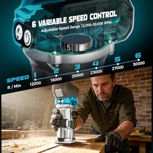 Cordless Router Tool Compatible with Makita 18V Battery(Tool Only), 800W Brushless Wood Router, 6-Speed Control, Depth Adjustment, Edge & Roller Guide, Router Bits Included