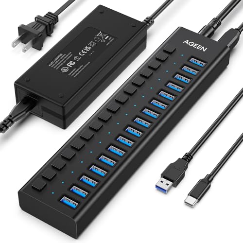AGEEN 16-Port Powered USB 3.2 Hub, 10Gbps Data Transfer, 96W Power Adapter