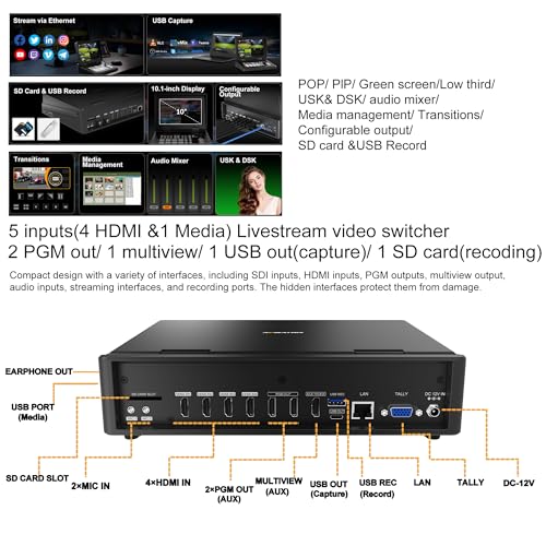 AVMatrix Shark H4 Plus 4 Channel HDMI Video Switcher, 10.1" Screen, 1080p60