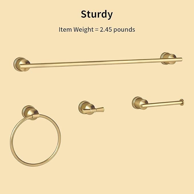 YUMORE Gold Bathroom Hardware Set, 4-Pieces Wall Mounted Bath Accessories Kit, Stainless Steel Towel Bar, Towel Ring, Toilet Paper Holder & Robe Hooks, Modern Brushed Gold Finish