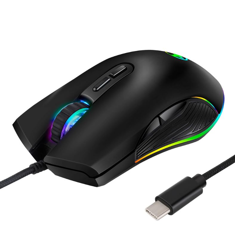 Wired Gaming Mouse USB C, Quiet Clicking, 4 Color LED RGB Backlighting,Optical Type C Mice with 5.9ft Cable,3200D-PI 7 Buttons Ergonomic Mouse for Phone PC,Computer,Laptop,Desktop, Mac,Surface,Tablets