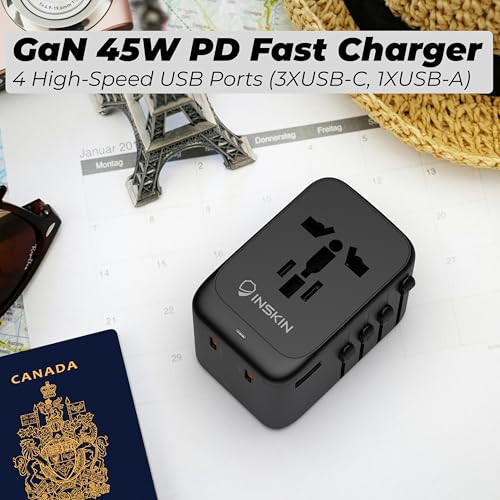 Inskin Universal Travel Adapter Worldwide, 45W GaN III International Power Adapter w/4 PD Ports (3 USB-C, 1 USB-A) - USA, Japan, Australia, European Travel Plug Adapter (Type C/A/B/G/I) - Image 6