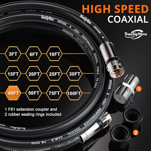 TranSigWave 40FT RG6 Coaxial Cable Extender - Black Coax Cable Cord