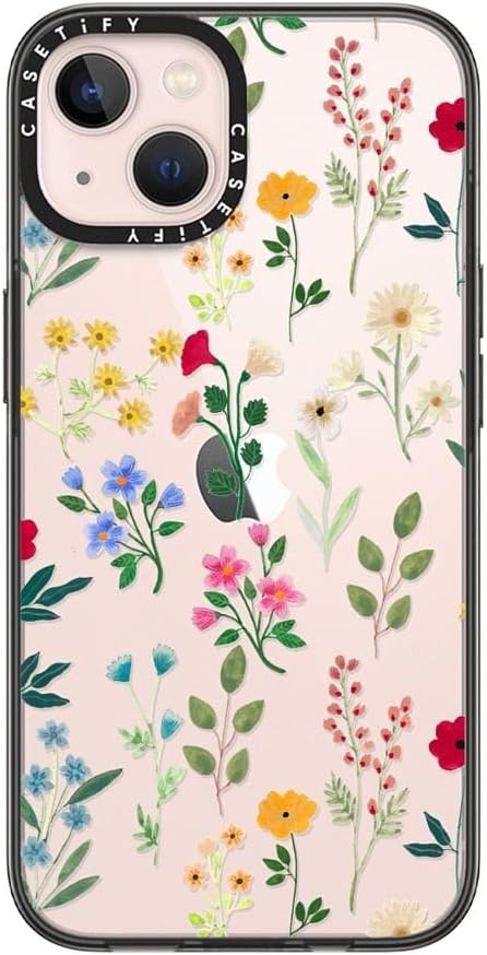 CASETiFY Compact iPhone 13 Case [4 ft. 2X Military Grade Drop Protection/Slim/Lightweight] - Spring Botanicals 2 - Clear Black