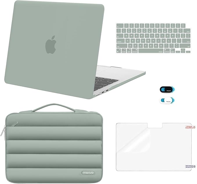 MOSISO Compatible with MacBook Air 13 inch Case M5 2026 M4 2025 M3 M2 2024-2022 A3449 A3240 A3113 A2681, Hard Case&Puffy Bag&Keyboard Cover&Webcam Cover&ScreenFilm for MacBook Air 13.6, Antique Green