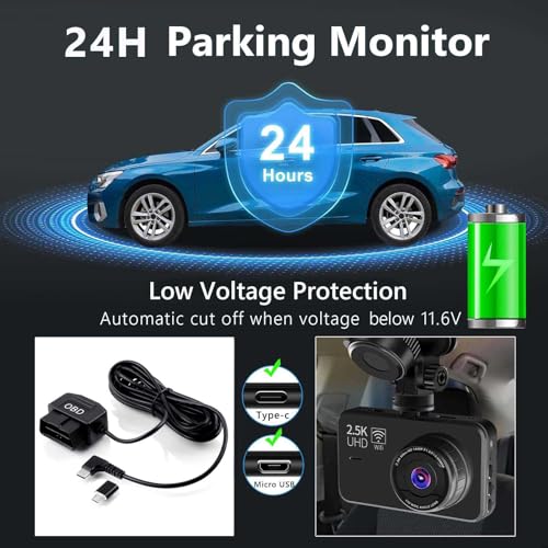 Dash Cam OBD Hardwire Kit Dash Camera USB Type C Hardwire Kit with OBD Power Cable for 12-24V to 5V/3A with Low Voltage Protection 24h Parking Surveillance/Acc Mode for Dashcam, GPS or Radar