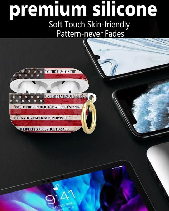 Compatible with AirPod Pro 2nd/1st Generation Case Cover with Key Chain,Full Protective Shockproof Wireless Headphone Case for Airpod Pro 2023/2022/2019(America Flag)