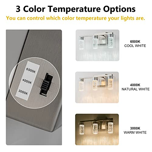 SineRise 3-Light Brushed Nickel Vanity Light with 3 Color Modes (3000K/4000K/6000K), Eye Protection LED Bathroom Light Fixture, Dimmable Modern Wall Light Over Mirror with Clear Glass Shade