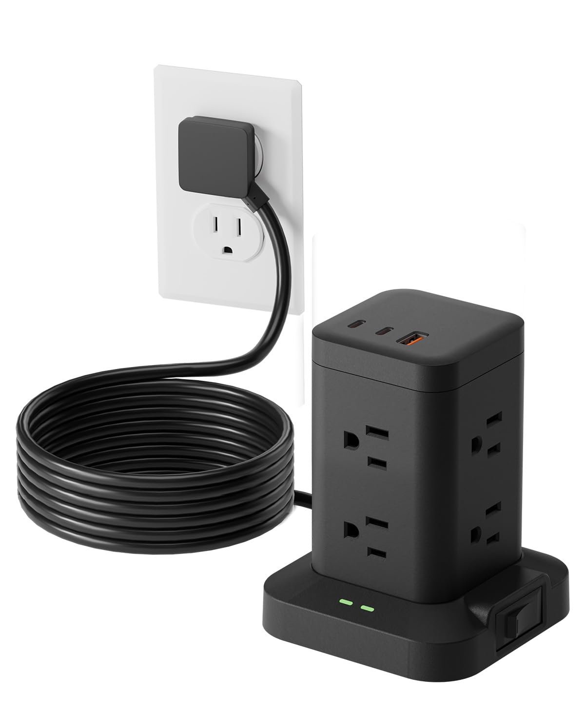 Power Strip Tower with Surge Protector 1800J, Fast Charging Tower PD20W USB-C Ports with 8 AC Outlets, Extension Cord for Home Office Dorm Room, Black, 5FT