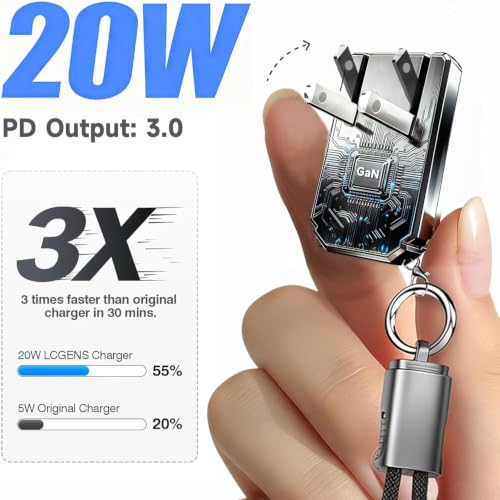 USB C Charger for iPhone 16/15 Charger Fast Charging, GaN Keychain Design Fast Wall Charger Block with 2 Pack USB C to C & C to Lightning Cable, Foldable and Compact for iPhone 17/16/15, iPad(Black)