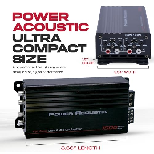 Power Acoustik 4 Channel Car Amplifier – 1500W Max Compact Class D Amp | Small 4-Channel Amp for Tight Installs | Powerful 4 Channel Audio Amp for Full-Range Systems