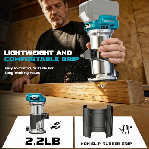 Cordless Router Tool Compatible with Makita 18V Battery(Tool Only), 800W Brushless Wood Router, 6-Speed Control, Depth Adjustment, Edge & Roller Guide, Router Bits Included