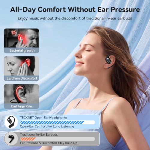 TECKNET Open Ear Headphones, Wireless Earbuds with Ear Hooks, Black