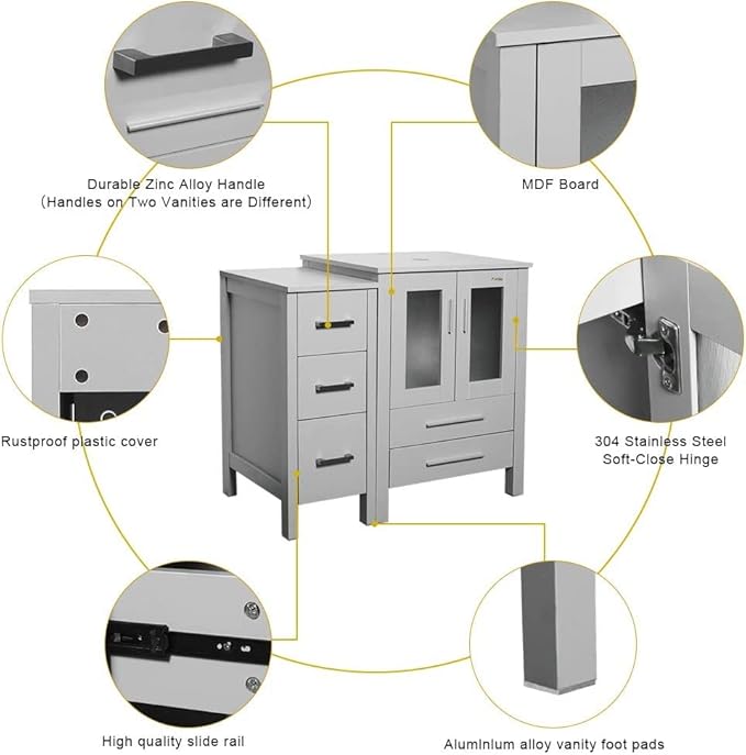 eclife 48" Modern Bathroom Vanity Sink Combo Freestanding Cabinet with Small Side Cabinet, Clear Round Glass Vessel Sink, Water Save Faucet, Drain (Gray+A16)