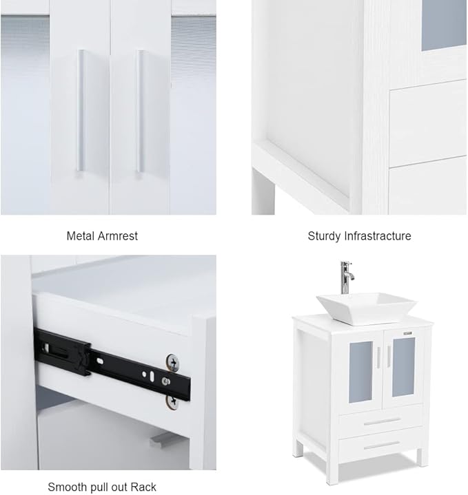 eclife 24" Modern Bathroom Vanity Sink Combo Freestanding Cabinet with Soft Closing Door, White Square Ceramic Vessel Sink, Water Save Faucet, Drain (White+A07)