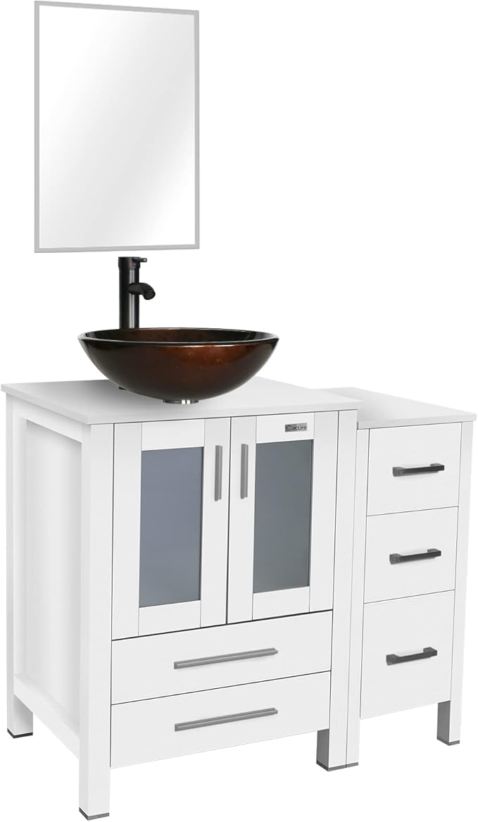 eclife 36" Modern Bathroom Vanity Sink Combo Freestanding Cabinet with Small Side Cabinet, Brown Round Glass Vessel Sink, Water Save Faucet, Drain (White+A09)