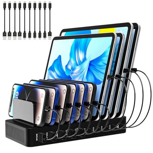 Charging Station for Multiple Devices, 100W 10 Ports Charging Dock with 10 Cables Smart IC Tech and Adjustable Dividers Type-C，Multi USB Charger for iPhone Galaxy iPad Tablet，Black