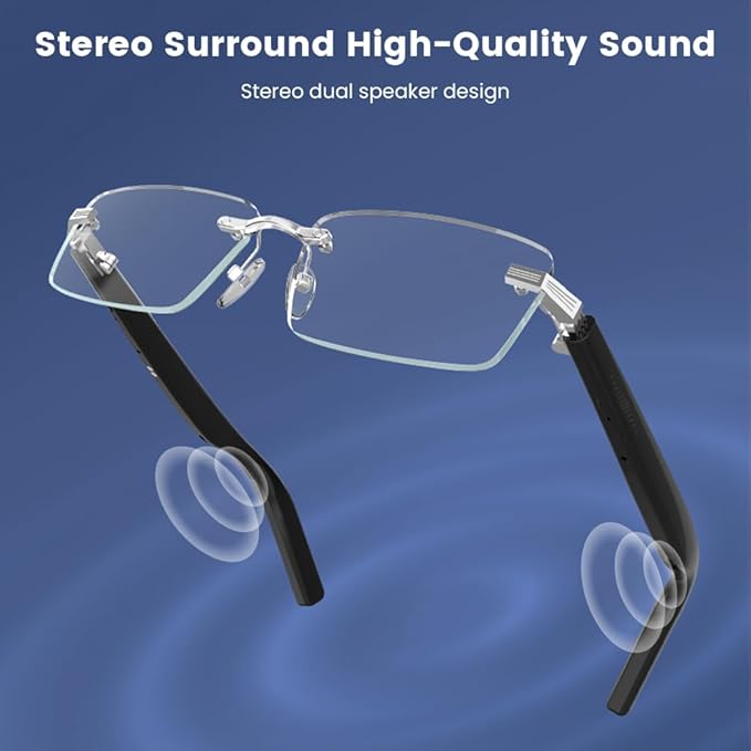 Smart Glasses Rimless Smartglasses with Bluetooth Speaker,Remote Control Photo Taking/Indoor Protection Voice Control (Anti-Bluelight Lenses)