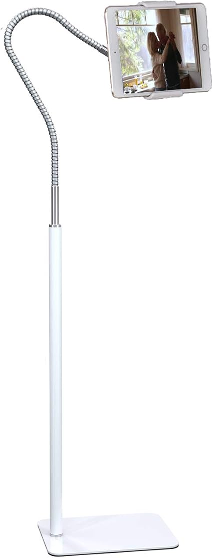 Tablet Floor Stand with Flexible Gooseneck and Stable Aluminum Base Suitable for 3.5” - 10.6” Smart Phone & Tablet White