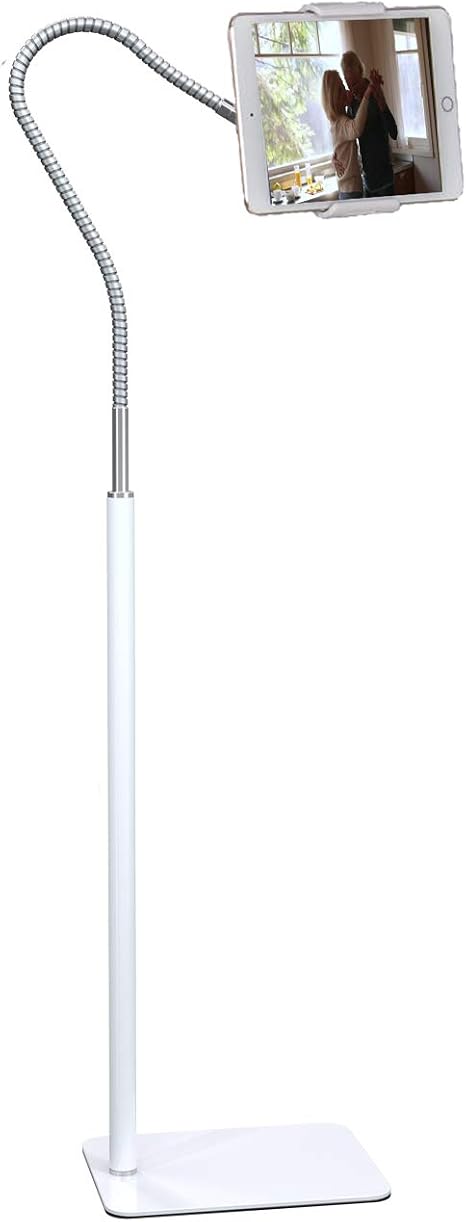 Tablet Floor Stand with Flexible Gooseneck and Stable Aluminum Base Suitable for 3.5” - 10.6” Smart Phone & Tablet White