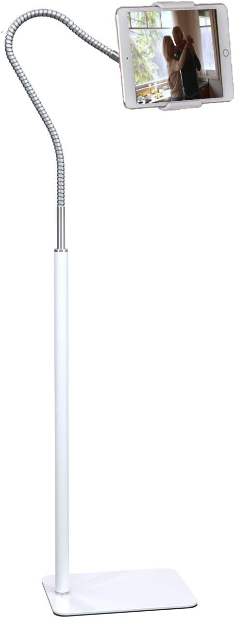 Tablet Floor Stand with Flexible Gooseneck and Stable Aluminum Base Suitable for 3.5” - 10.6” Smart Phone & Tablet White
