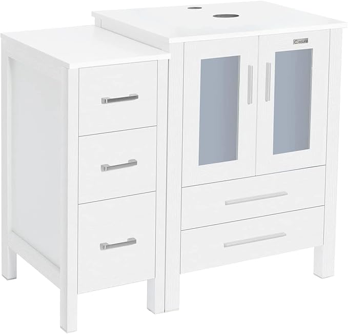 eclife 36" Modern Bathroom Vanity Sink Combo Freestanding Cabinet with Small Side Cabinet, Without Vessel Sink, Faucet, Drain (White Vanity Only)