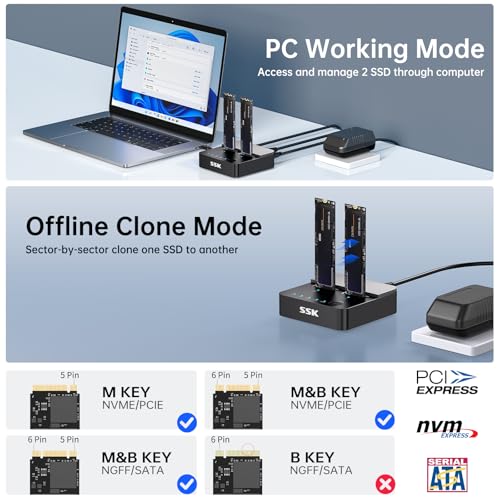 SSK NVMe & SATA SSD Cloner M.2 Duplicator Dual Bay Dock SSD to USB Adapter