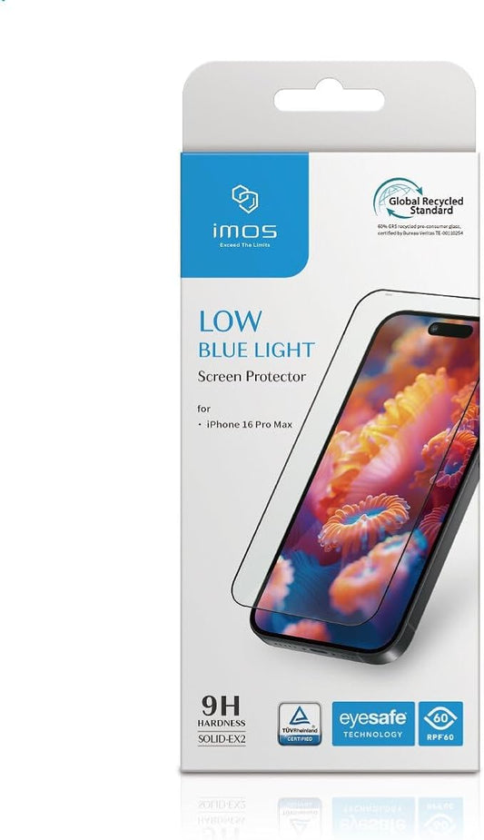 imos Screen Protector for iPhone 16 Pro Max, 2.5D Blue Light Block Black Border Protector Tempered Glass, Durable and Drop-Resistant, Bubble Free, Easy Installation