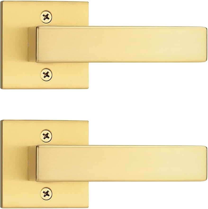2 Pack Gold Dummy Lever Door Handles for Closets French Doors, Satin Brass Finish, Interior Dummy Door Locksets for Hall Closet Door Knobs Lock Reversible Right & Left Handed