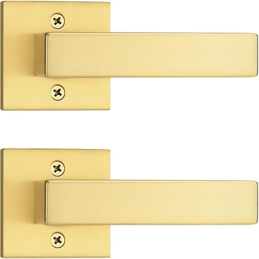 2 Pack Gold Dummy Lever Door Handles for Closets French Doors, Satin Brass Finish, Interior Dummy Door Locksets for Hall Closet Door Knobs Lock Reversible Right & Left Handed