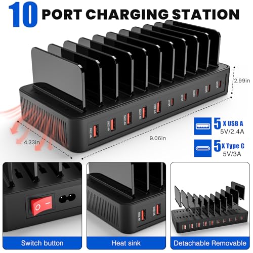 Charging Station for Multiple Devices, 100W 10 Ports Charging Dock with 10 Cables Smart IC Tech and Adjustable Dividers Type-C，Multi USB Charger for iPhone Galaxy iPad Tablet，Black