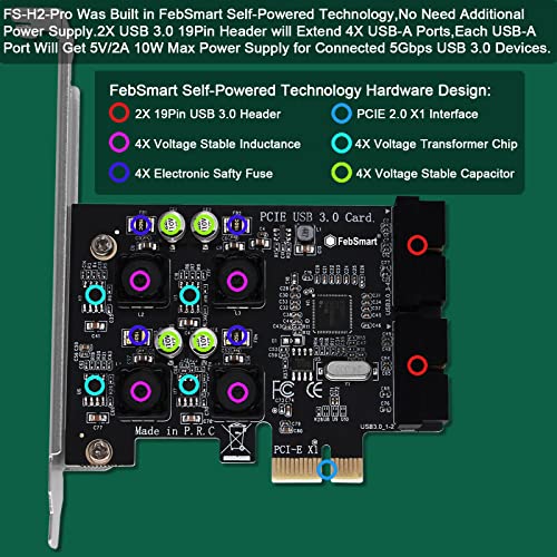 2X 19Pin USB 3.0 Header Ports PCIE USB 3.0 5Gbps Expansion Card for Windows and Linux Desktop PCs, Built in FebSmart Self-Powered Technology, No Need Additional Power Supply (FS-H2-Pro)