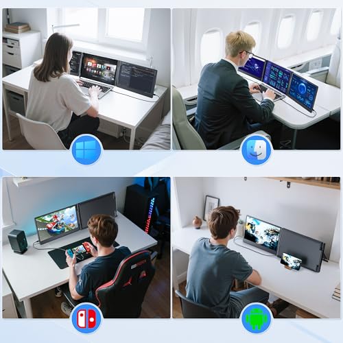 Laptop Screen Extender, 14.2" FHD 1080P Triple Portable Monitor for Laptop with Smart Adjustment Button, USB-C/HDMI Plug and Play Monitor Extender for Wins/Mac/Android/Switch, Fit 13-17" Laptops
