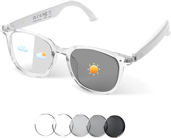 Smart Glasses for Women Men, Bluetooth Audio Glasses with Color-Changing Lenses, Open Ear Sound Speakers, Magnetic Charging, Voice Assistant, Music/Calls, Blue Light Glasses for Working Travel (Clear)