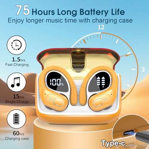 Wireless Earbuds 75H Bluetooth 5.4 Sport Headphones with Earhooks, Yellow