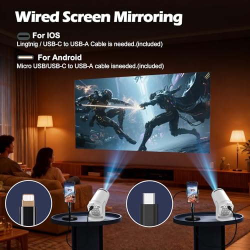 Mini projector, with wired screen sync 4K 1080P portable projector 180° rotation. 17-130" screen video projector. Compatible with smartphones, laptops.