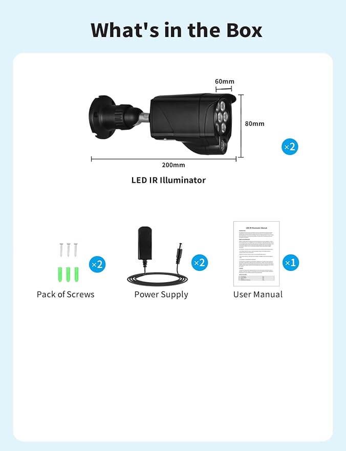 Tonton 2Pack LED IR Illuminator Wide Angle 8-LEDs 90 Degree 100Ft IR Infrared Flood Light, Compatible for CCTV Security Cameras,IP Camera,Bullet Camera,Dome Camera(Black)