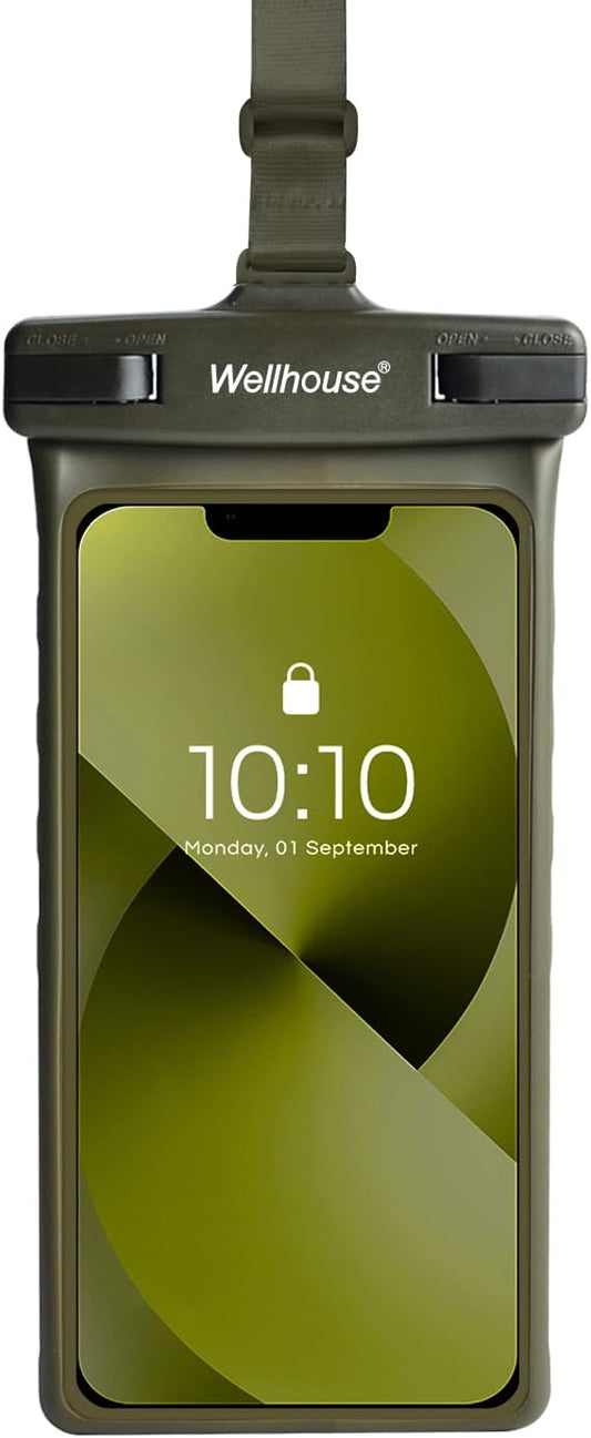 wellhouse Waterproof Phone Pouch, Waterproof Phone Case for iPhone 17 16 15 14 13 Pro Max XS Samsung, IPX8 3D Cellphone Dry Bag Beach Essentials (1 Pack - Olive7.0, 7 inch)