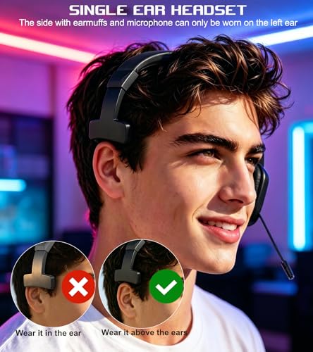 Wired One Ear Headset with Mic for PS5/PS4/Xbox/Switch/Mac/Laptop/PC, USB+Type-C+3.5mm Jack 3in 1 Single Ear Headphone with Microphone/Volume Control for Gaming Office Business Work Team Meetings Chat