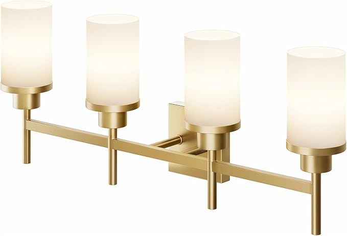 Wall Light Fixtures 4-Light Over Mirror, Gold Vanity Lights with White Frosted Glass Shade, Wall Sconces for Bathroom Washroom Kitchen T001GD-L4