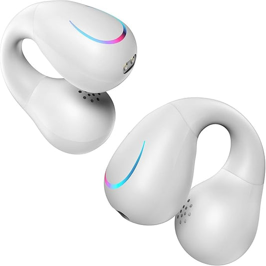 Open Ear Bone Conduction Headphones Bluetooth 5.3 Wireless Open Clip Ear Earbuds Built-in Mic with Ear Hooks 60 Hours Playtime Sport Earphones IPX7 Waterproof for Fitness Running Walking White