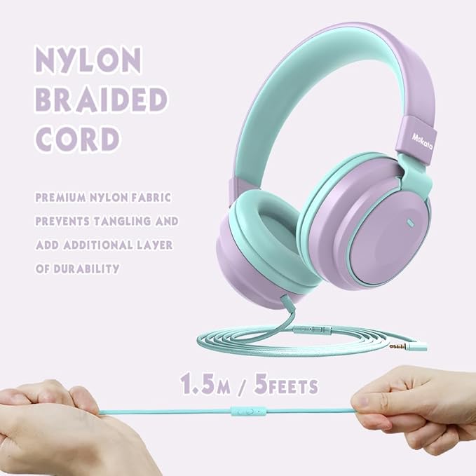 Headphone Kids Volume Limited 85/94dB Wired Over-Ear/On-Earr Foldable Headset with Inline Cable Aux 3.5mm Cord Mic for Toddler Boy Girl Child Back to School Pad Tablet Light Purple