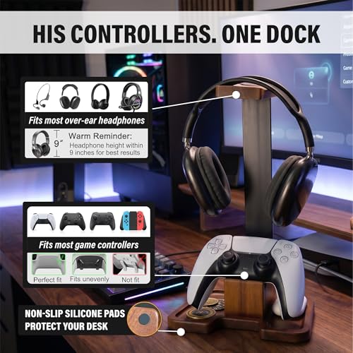 Gaming Equipment Headset Stand with Game Controller Holder & Storage Base, Stylish Gamer Gifts for Men Teenage Boy Headphone Stand, Unique Gifts for Gamers to Organize Gaming Accessories (Brown Wood) - Image 6