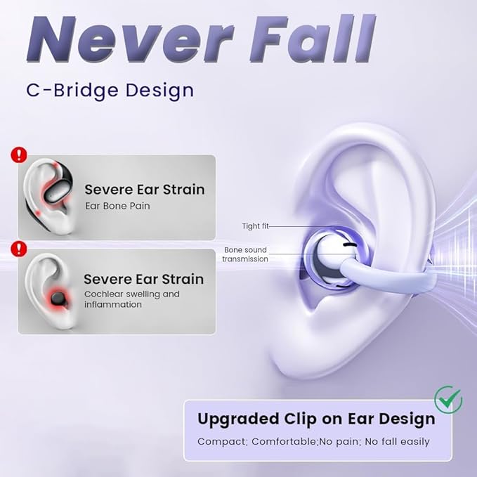 Ear Clip Earbuds Mini Open Ear Headphones Wireless Bluetooth Earphones for Sport Workout Driving Walking Running Compatible with iPhone Android (Purple)