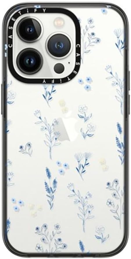 CASETiFY Compact iPhone 14 Pro Case [4 ft. 2X Military Grade Drop Protection/Slim/Lightweight] - Small Blue Flowers - Clear Black