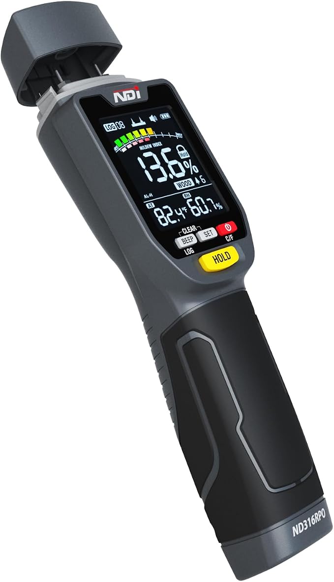 NDI ND316PRO Dual-Mode Moisture Meter – Pin & Pinless Non-Destructive, Wood & Building Materials, Temperature & Humidity Display, Data Log, Backlit LCD