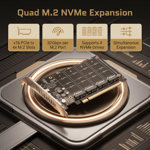 M.2 PCIe Adapter, 4 Port M.2 NVMe SSD to PCIE X16 M Key Hard Drive Converter Reader Expansion Card
