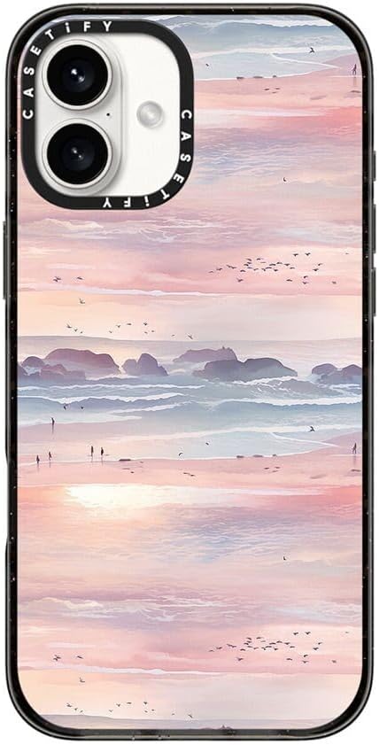 CASETiFY Impact Case for iPhone 16 Plus [Slim / 8.2 ft. 4X Military Grade Drop Protection/Wireless Charging Compatible] - Watercolor Beach Strolling Landscape - Clear Black